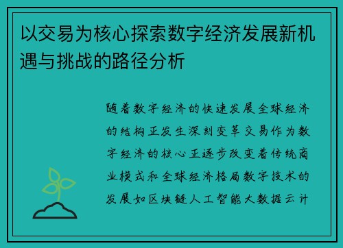 以交易为核心探索数字经济发展新机遇与挑战的路径分析